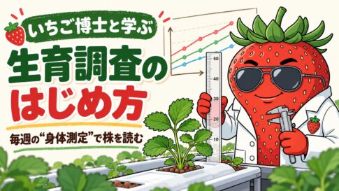 定規とノギスを持ついちご博士と、いちごの株と成長グラフ
