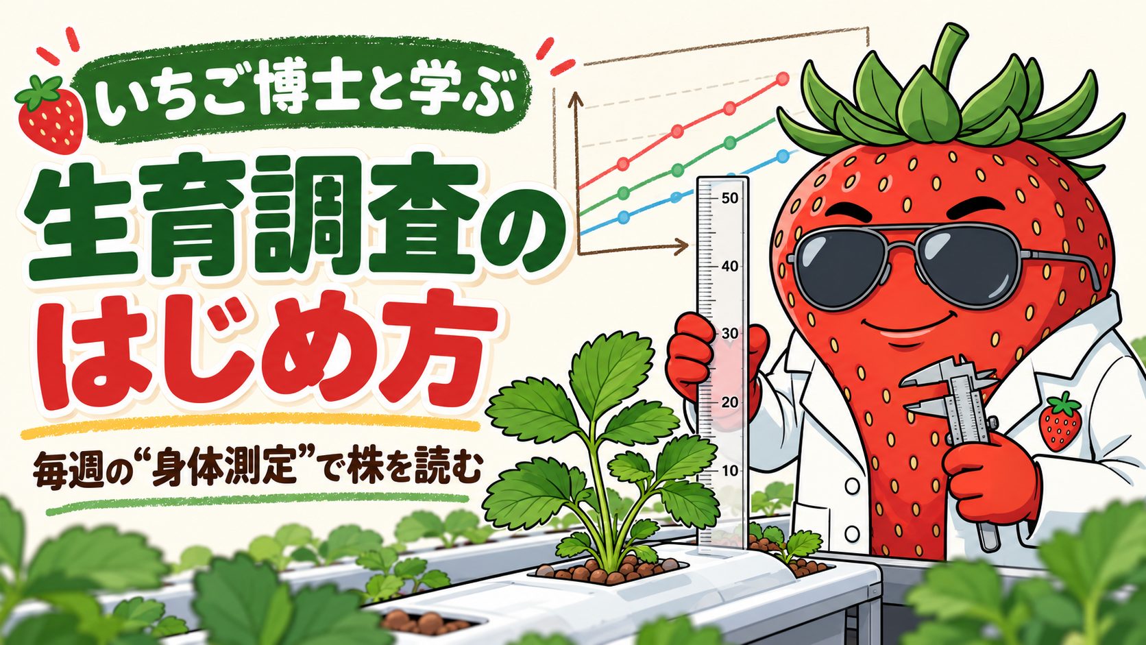 定規とノギスを持ついちご博士と、いちごの株と成長グラフ