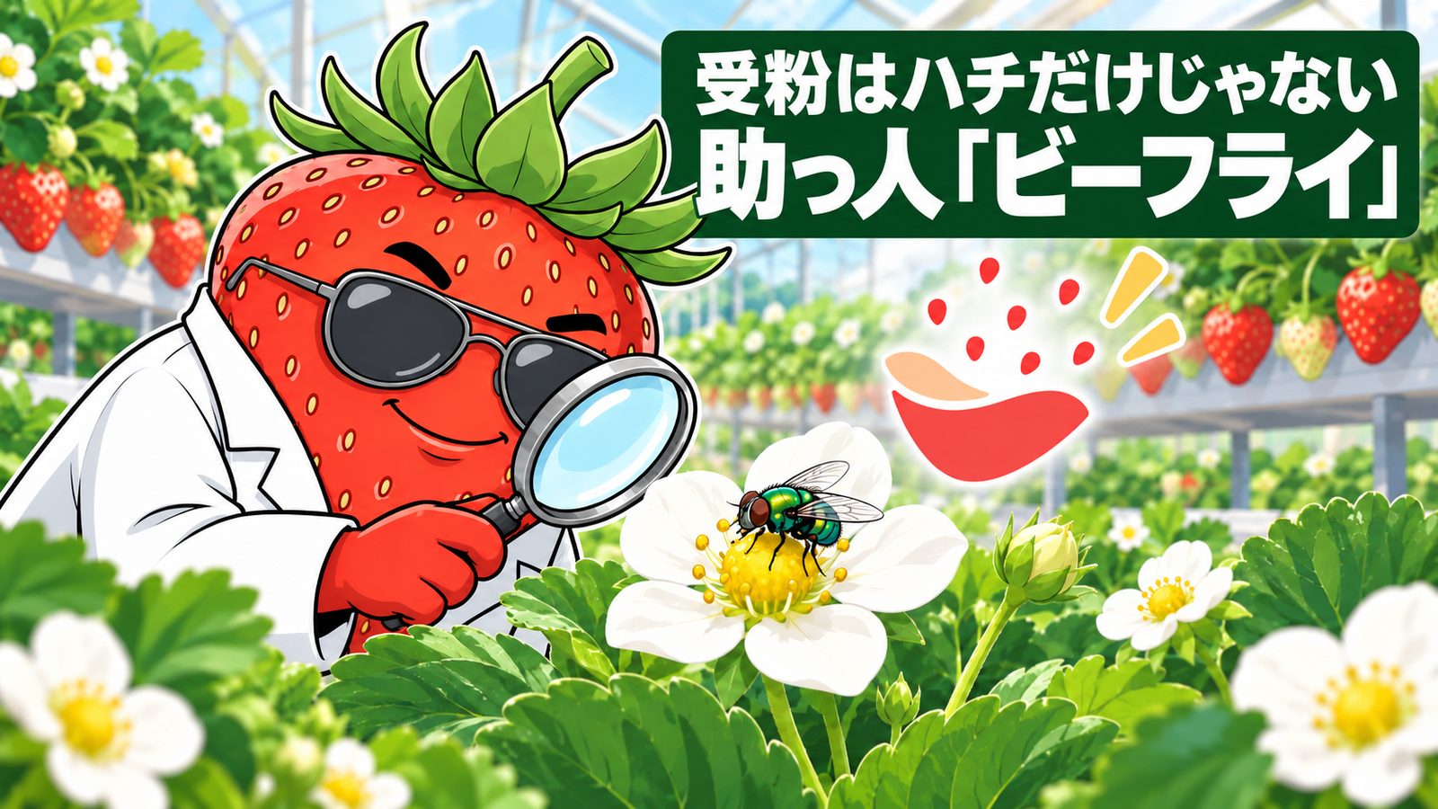 受粉はハチだけじゃない・助っ人「ビーフライ」の見出しと、いちごの花のビーフライを見守るいちご博士とオアシスくん
