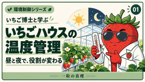 環境制御シリーズ第1回。いちご博士が温度計を持ち、昼夜の温度管理を案内する。