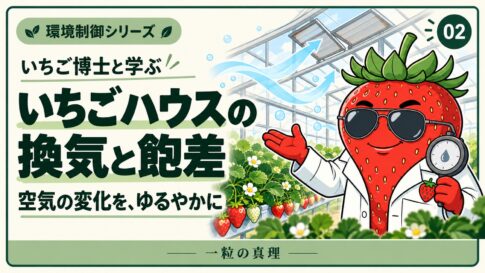 環境制御シリーズ第2回。いちご博士が湿度計を持ち、ハウスの換気と飽差を案内する。