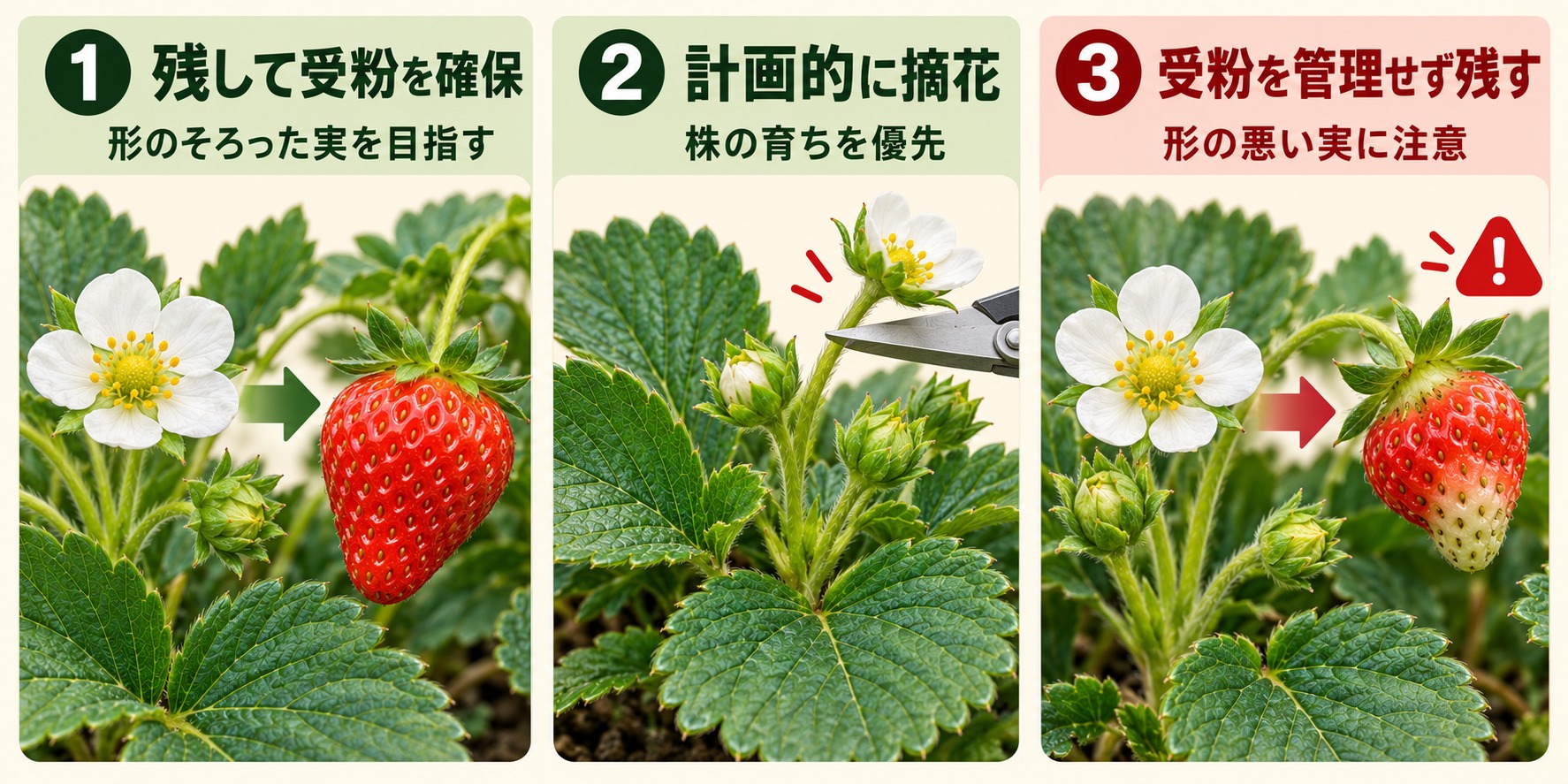 残して受粉を確保、計画的に摘花、受粉を管理せず残す、という三つの選択を比較する概念図。