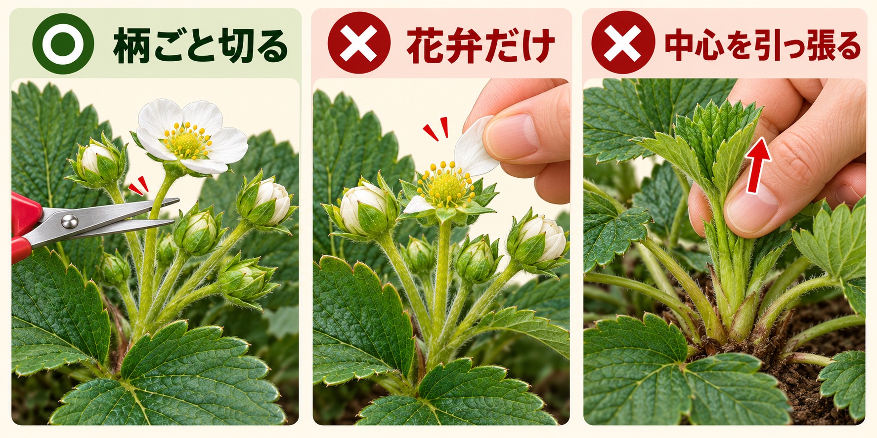 摘花は対象の花につながる小さな柄を切る。花弁だけをむしる、株の中心や若い葉を引っ張る操作は避ける。