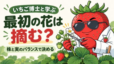 最初の花は摘む？ 株と実のバランスで決める。花房とハサミを見比べるいちご博士。