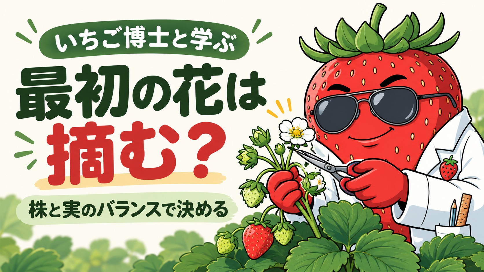 最初の花は摘む？ 株と実のバランスで決める。花房とハサミを見比べるいちご博士。