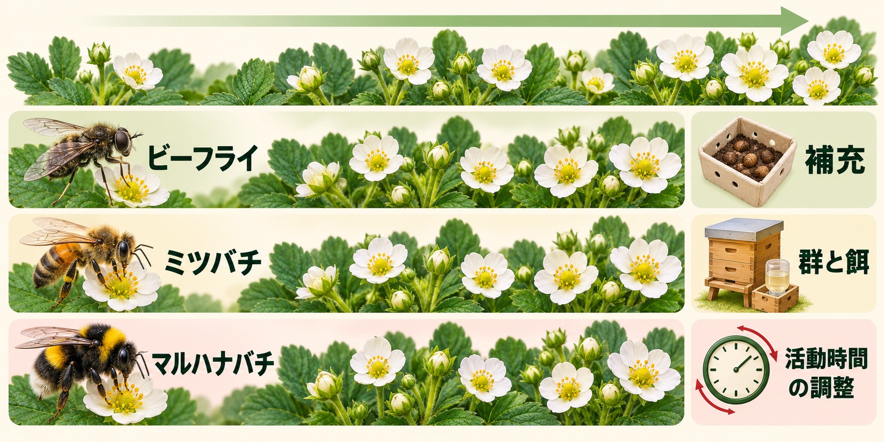 花の少ない初期から花が増えた時期まで、ビーフライは補充、ミツバチは群と餌、マルハナバチは必要に応じた活動時間の調整を見る概念図。