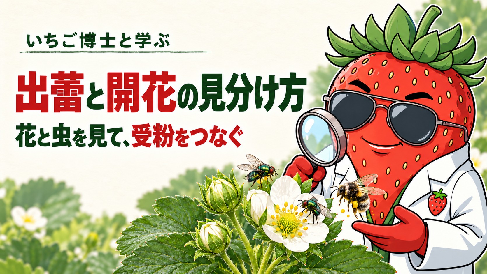 白衣とサングラスのいちご博士が、つぼみと開いた花、ビーフライとマルハナバチを虫眼鏡で観察する。出蕾と開花の見分け方、花と虫を見て受粉をつなぐ。