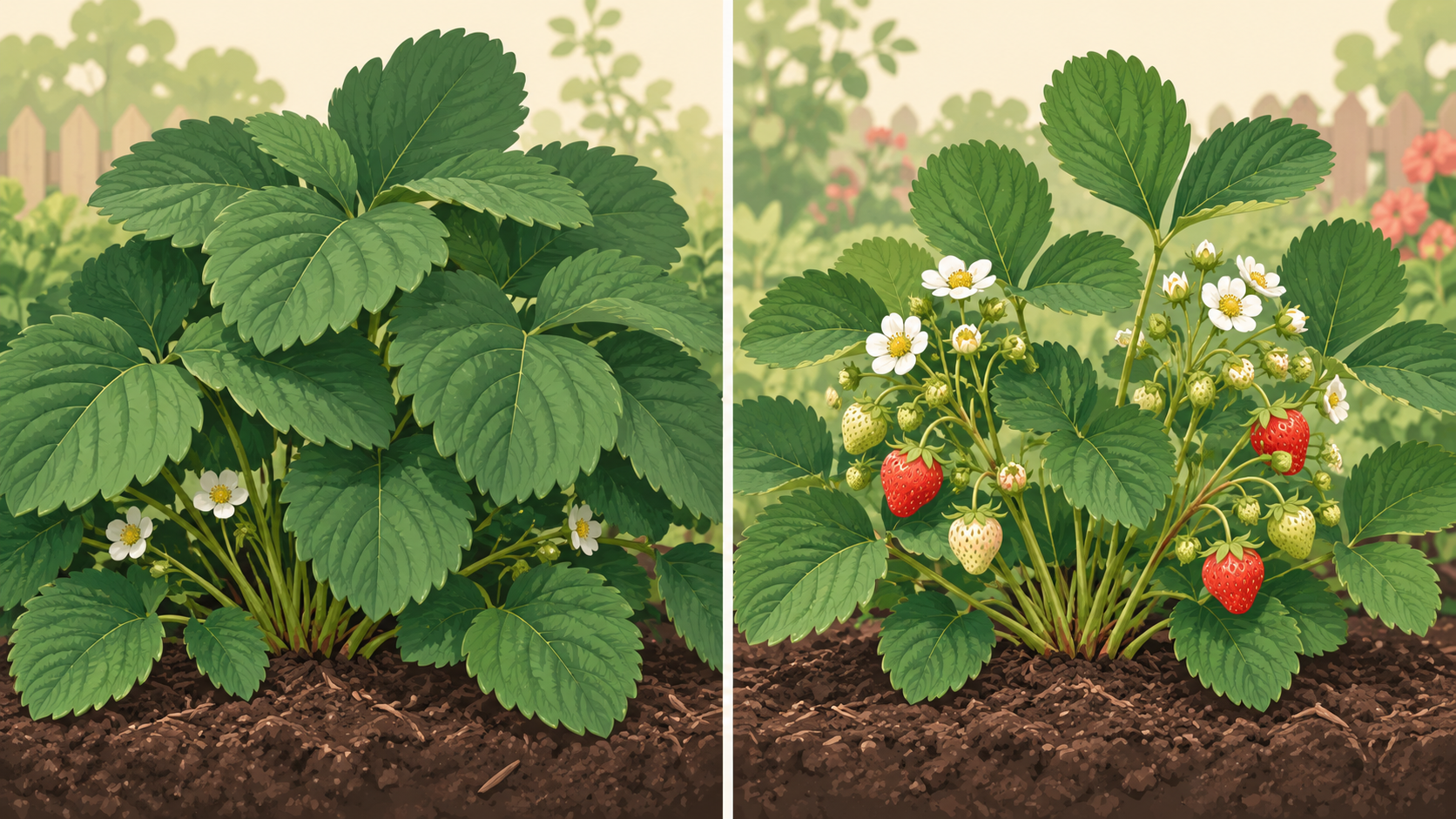 葉ばかり茂る株と葉・花・実を観察する株の比較イメージ