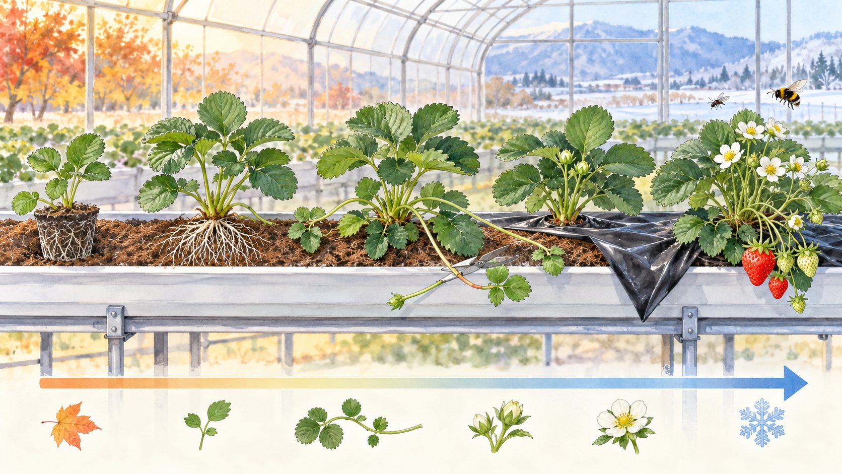 定植から活着、出蕾、開花、初収穫までの株の変化を左から右へ並べた概念図