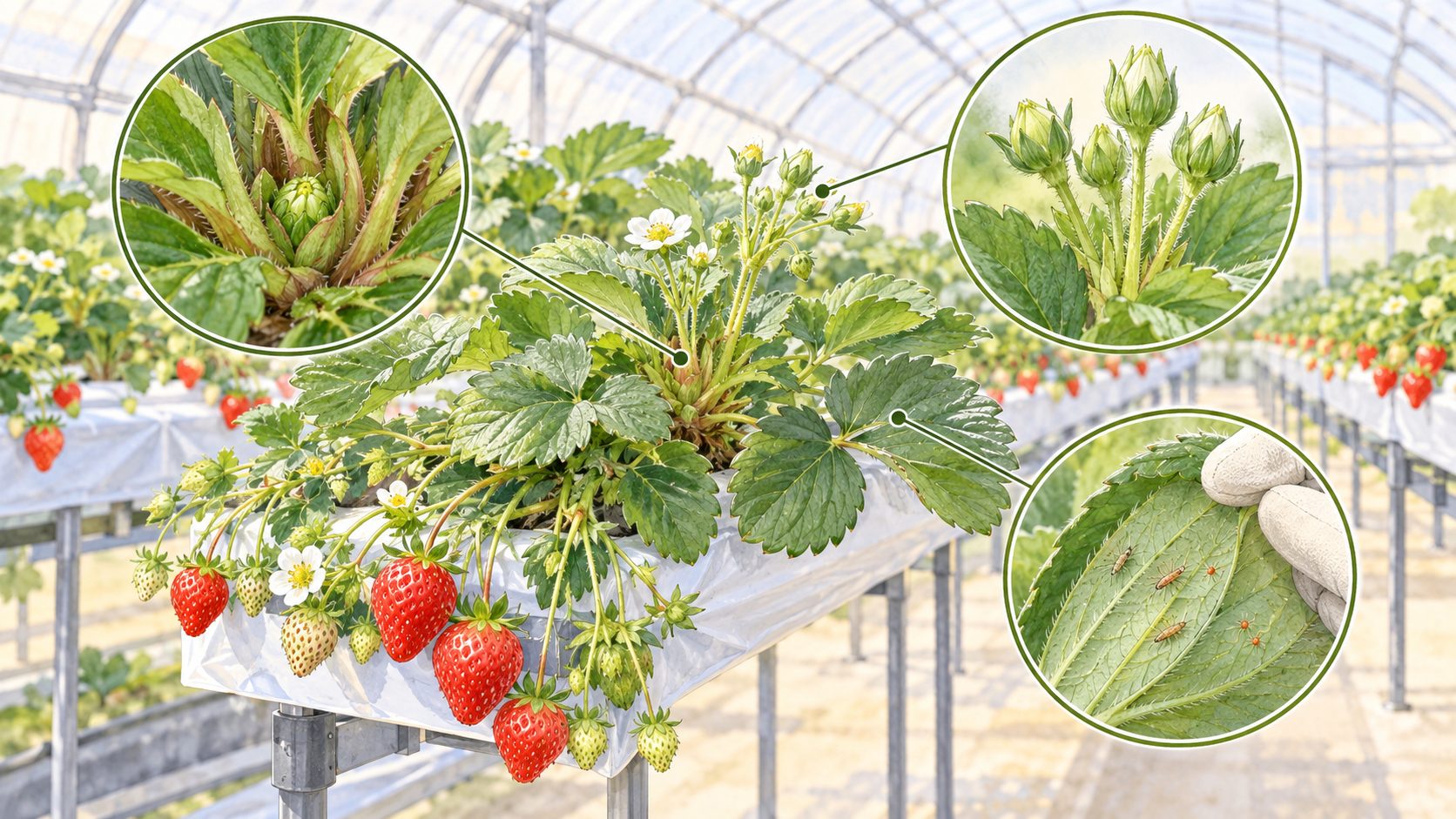 株の中心の花芽、出てきたつぼみ、葉の裏の小さな虫の3か所を虫めがねで拡大した概念図