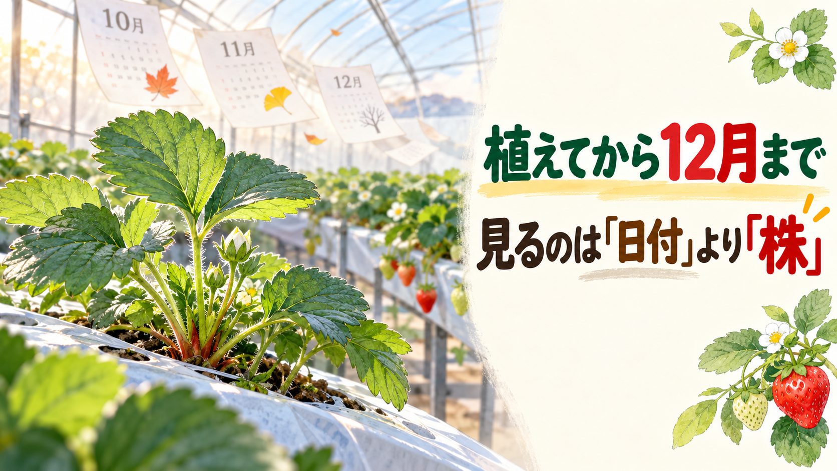 植えてから12月まで。見るのは「日付」より「株」。高設栽培のいちごの株と花芽