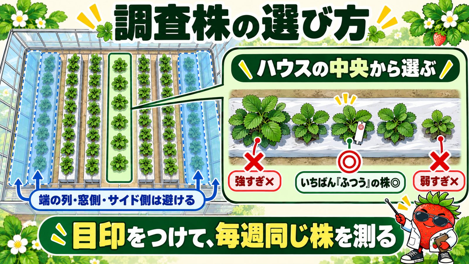 調査株の選び方として端の列・窓側・サイド側を避けてハウスの中央から選び、強すぎる株と弱すぎる株を除いたいちばんふつうの株に目印をつけて毎週同じ株を測る図。