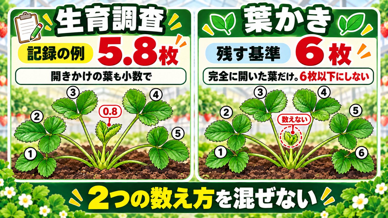生育調査の記録例5.8枚は開きかけの葉も小数で数え、葉かきの残す基準6枚は完全に開いた葉だけで6枚以下にせず開きかけは数えない、2つの数え方を混ぜない比較図。
